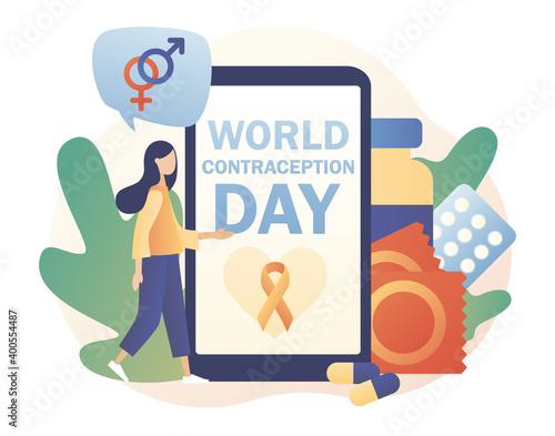 World Contraception Day-text on smartphone screen. Safe sexual behavior, birth fertility control. Contraceptive methods in sexual and reproductive health. Modern flat cartoon style.Vector illustration