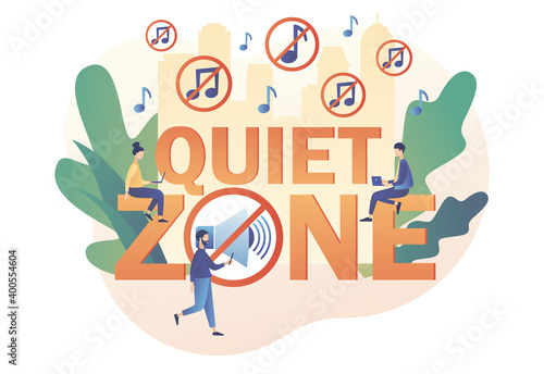 Quiet zone concept. Stop noise sign and tiny people. No sound, Volume off or mute mode sign. Modern flat cartoon style. Vector illustration on white background