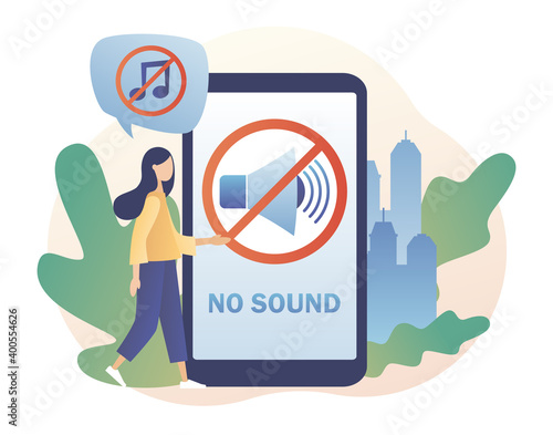 Volume off or mute mode sign for smartphone. No sound - text on smartphone screen. Quiet zone concept. Stop noise sign and tiny people. Modern flat cartoon style. Vector illustration 