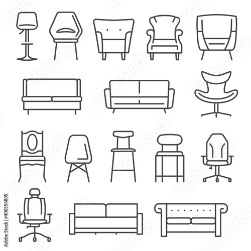 Chair, armchair, sofa thin line icons set isolated on white. Furniture, seat, settee.