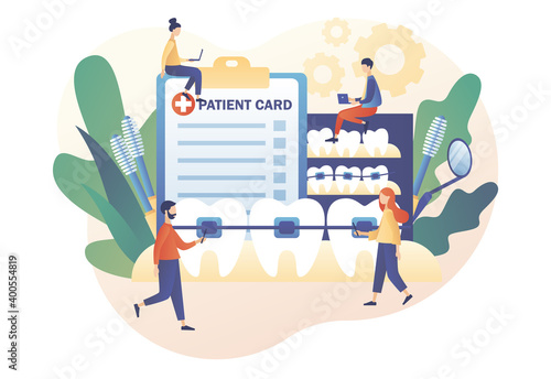 Tiny people orthodontics and patients whose straightening teeth. Dental braces concept. Orthodontic treatment and cosmetic odontology.Modern flat cartoon style. Vector illustration on white background