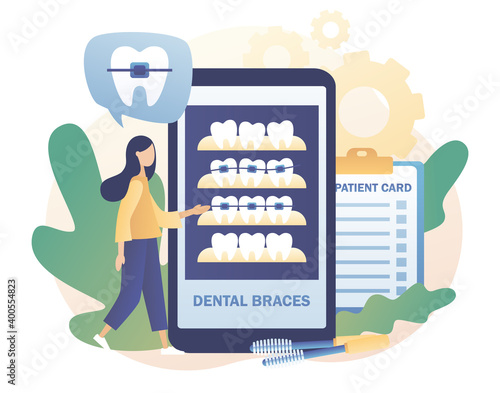 Dental braces. Tiny people orthodontics and patients whose straightening teeth. Orthodontic treatment and advertising cosmetic odontology in smartphone app. Modern flat cartoon style. Vector