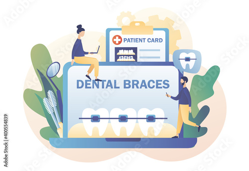 Dental braces. Online consultation. Orthodontic treatment and cosmetic odontology. Tiny people orthodontics and patients whose straightening teeth. Modern flat cartoon style. Vector illustration