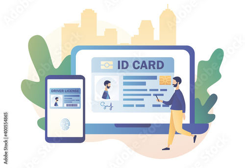 Biometric documents in smartphone and laptop app. Smart ID card concept. Digital passport and Driver license.Electronic identity card. Modern flat cartoon style.Vector illustration on white background