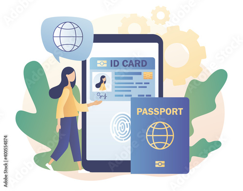Biometric documents in smartphone app. Smart ID card concept. Digital passport and Driver license. Electronic identity card. Modern flat cartoon style. Vector illustration on white background