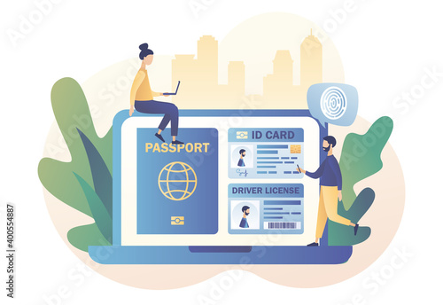 Smart ID card concept. Digital passport and Driver license. Tiny people and Biometric documents in web site. Electronic identity card. Modern flat cartoon style.Vector illustration on white background