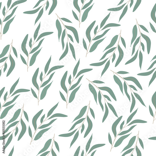 Eucaliptus pattern. Trendy branch and leaves green on light background seamless vector pattern.Abstract seamless pattern in vector design.