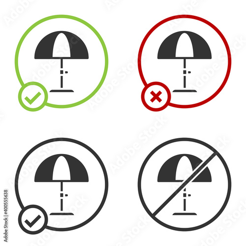 Black Sun protective umbrella for beach icon isolated on white background. Large parasol for outdoor space. Beach umbrella. Circle button. Vector.