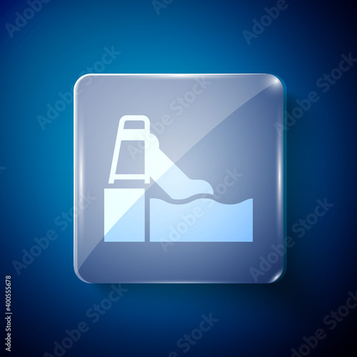 White Water slide with pool icon isolated on blue background. Aquapark. Square glass panels. Vector.