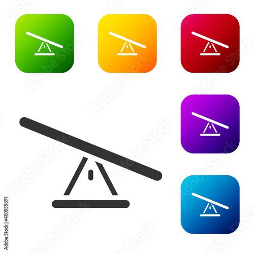 Black Seesaw icon isolated on white background. Teeter equal board. Playground symbol. Set icons in color square buttons. Vector.