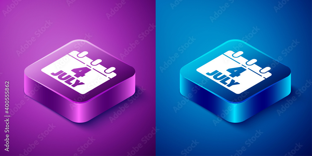 Isometric Day calendar with date July 4 icon isolated on blue and purple background. USA Independence Day. 4th of July. Square button. Vector. Isometric Day calendar with date July 4 icon isolated on blue and purple background. USA Independence Day. 4th of July. Square button. Vector.