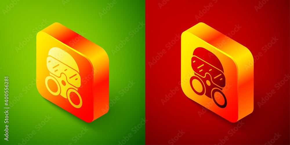 Isometric Gas mask icon isolated on green and red background. Respirator sign. Square button. Vector. Isometric Gas mask icon isolated on green and red background. Respirator sign. Square button. Vector.