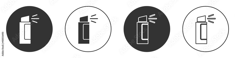Black Pepper spray icon isolated on white background. OC gas. Capsicum self defense aerosol. Circle button. Vector. Black Pepper spray icon isolated on white background. OC gas. Capsicum self defense aerosol. Circle button. Vector.