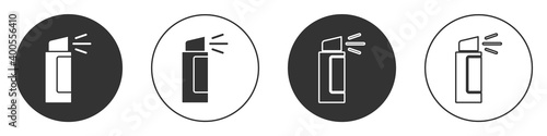Black Pepper spray icon isolated on white background. OC gas. Capsicum self defense aerosol. Circle button. Vector.