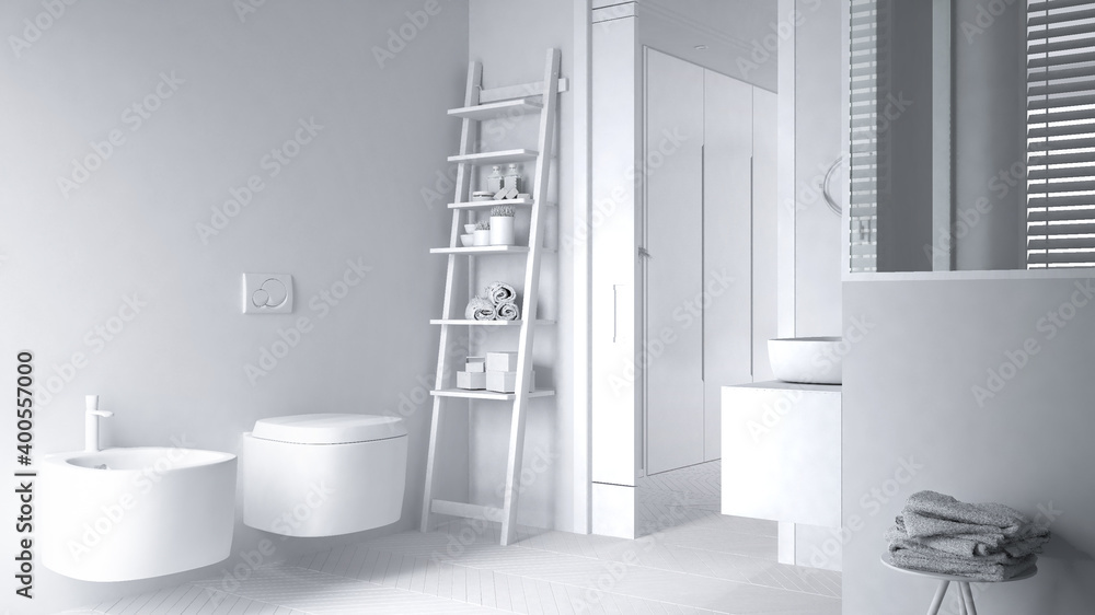 Fototapeta premium Total white project, minimalist bathroom with ladder shelf, bath accessories, sliding door over bedroom, side table with towels, herringbone parquet floor, interior design concept