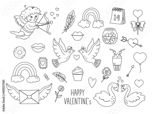 Vector set of outline Saint Valentine   s day symbols. Collection of cute black and white characters and objects with love concept. Cupid  doves  hearts and swans isolated on white background. .