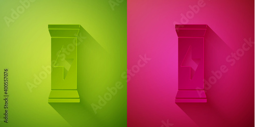 Paper cut Sports nutrition bodybuilding proteine power drink and food icon isolated on green and pink background. Paper art style. Vector.