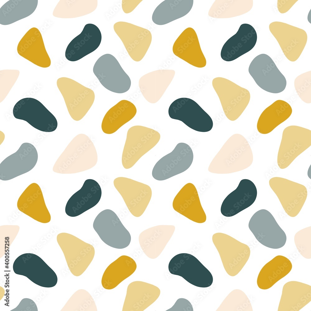 Seamless pattern with abstract shapes, spots, stones. Hand drawn vector illustration. Champagne, Gold, Tidewater Green. It can be used for printing on fabrics, for designing clothes, gift wrapping