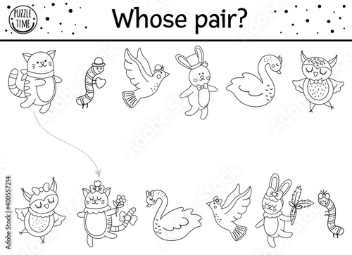 Saint Valentine day black and white matching activity for children. Fun puzzle or coloring page with cute animal couples. Holiday celebration game, printable worksheet for kids with love theme. .