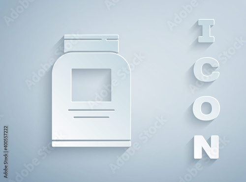Paper cut Sports nutrition bodybuilding proteine power drink and food icon isolated on grey background. Paper art style. Vector.
