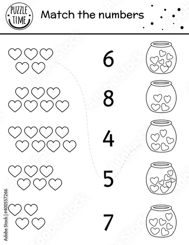 Saint Valentine day black and white matching game with hearts in jar. Holiday math activity for preschool children. Outline love themed printable counting worksheet for kids.