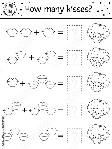 Saint Valentine day black and white counting game with kisses and cupid. Holiday activity for preschool children with love theme. Educational printable math worksheet. Addition outline puzzle.