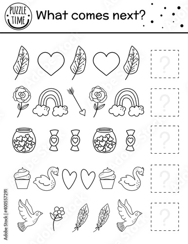 What comes next. Valentine day black and white matching activity for preschool children with traditional holiday symbols. Funny educational puzzle. Logical game worksheet. Continue the row. .