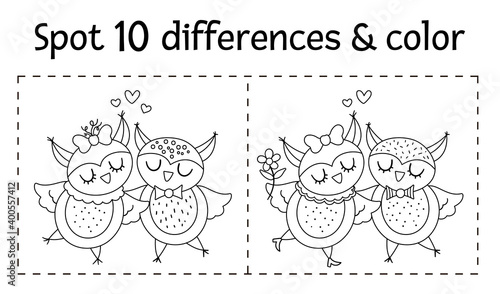 Saint Valentine day find differences game for children. Holiday black and white educational activity and coloring page with funny owl couple. Printable worksheet with cute birds pair. Family concept.