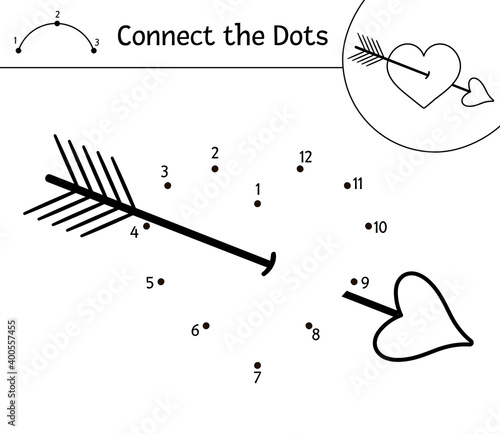 Vector Saint Valentine Day dot-to-dot and color activity with cute heart with arrow. Holiday connect the dots game for children with love theme. Funny coloring page for kids. .