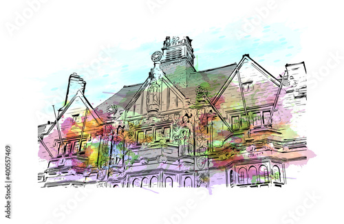 Building view with landmark of Coventry is a city in central England. Watercolour splash with hand drawn sketch illustration in vector.