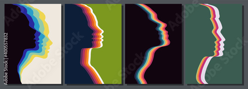 Vintage Color Silhouettes of Female Faces, Vector Set  photo