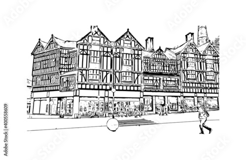 Building view with landmark of Coventry is a city in central England. Hand drawn sketch illustration in vector.
