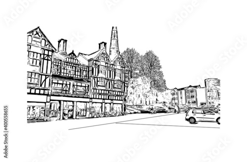 Building view with landmark of Coventry is a city in central England. Hand drawn sketch illustration in vector.