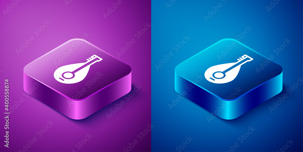 Isometric Traditional musical instrument mandolin icon isolated on blue and purple background. Square button. Vector. Isometric Traditional musical instrument mandolin icon isolated on blue and purple background. Square button. Vector.