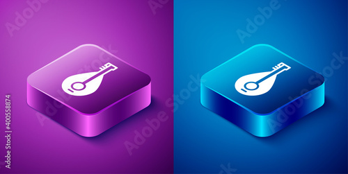 Isometric Traditional musical instrument mandolin icon isolated on blue and purple background. Square button. Vector.