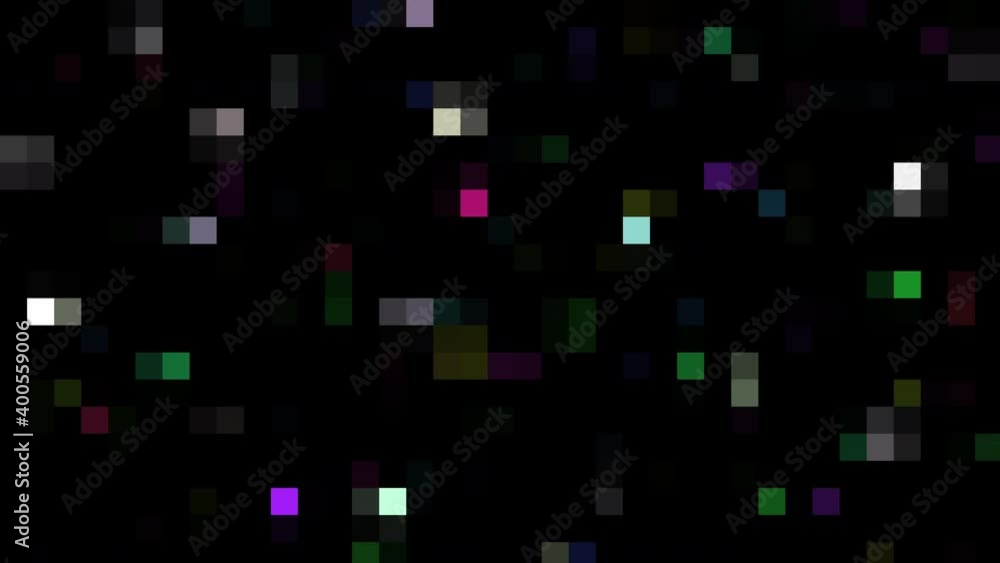 Pixelated squares on a black background. Abstract glitch screen effect animation. Pixelated squares on a black background. Abstract glitch screen effect animation.