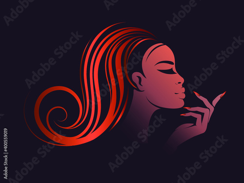 Hair salon and beauty studio illustration.Beautiful African woman with wavy hairstyle, elegant makeup and manicure.Young lady.Hairdresser and cosmetics logo.Luxury,glamour portrait.Female head.
