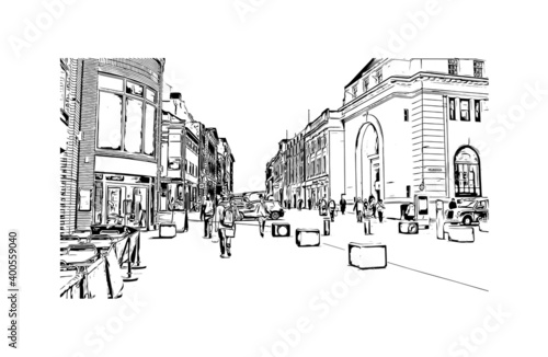 Building view with landmark of Coventry is a city in central England. Hand drawn sketch illustration in vector.