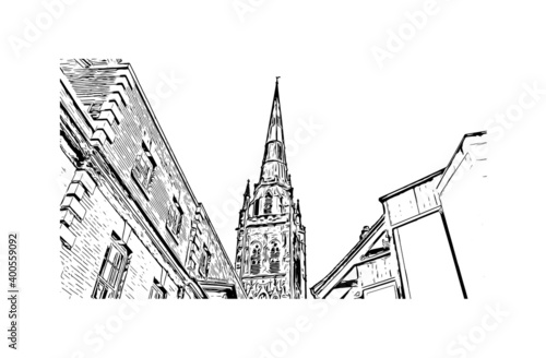 Building view with landmark of Coventry is a city in central England. Hand drawn sketch illustration in vector.