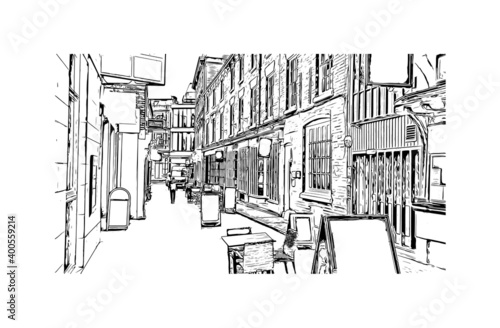 Building view with landmark of Coventry is a city in central England. Hand drawn sketch illustration in vector.