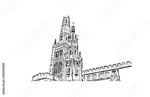 Building view with landmark of Coventry is a city in central England. Hand drawn sketch illustration in vector.