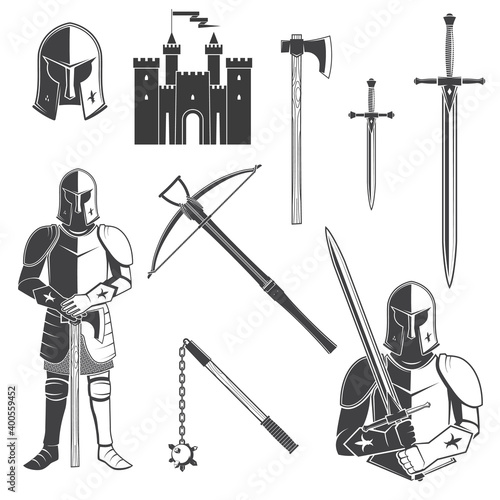 Set of knight and knight equipment icon Knife, dagger, sword, battle, castel, helmet, flail, crossbow isolated on the white background. Vector illustration.