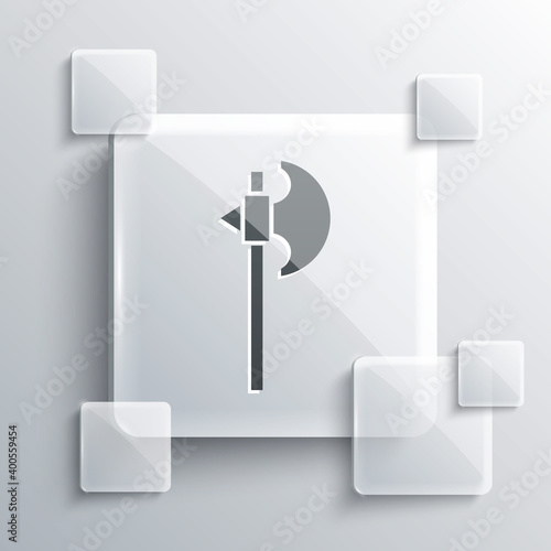 Grey Medieval axe icon isolated on grey background. Battle axe, executioner axe. Medieval weapon. Square glass panels. Vector.