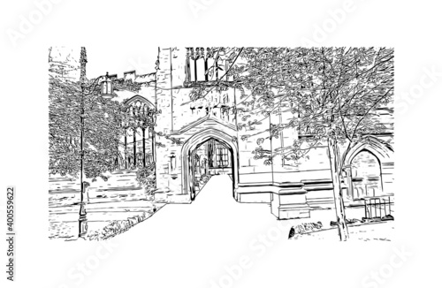 Building view with landmark of Coventry is a city in central England. Hand drawn sketch illustration in vector.