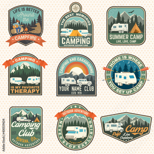 Set of rv camping badges, patches. Vector. Concept for shirt or logo, print, stamp or tee. Vintage typography design with RV Motorhome, camping trailer silhouette.