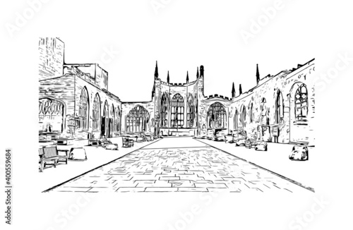 Building view with landmark of Coventry is a city in central England. Hand drawn sketch illustration in vector.