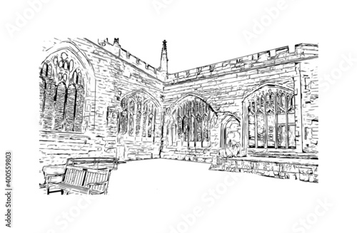 Building view with landmark of Coventry is a city in central England. Hand drawn sketch illustration in vector.