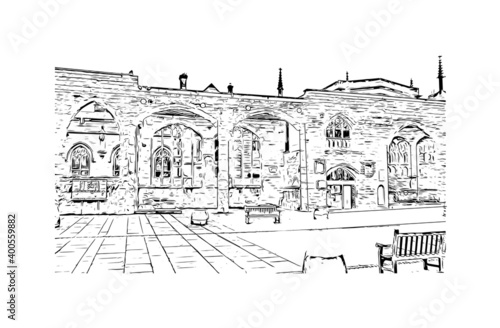 Building view with landmark of Coventry is a city in central England. Hand drawn sketch illustration in vector.