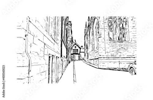 Building view with landmark of Coventry is a city in central England. Hand drawn sketch illustration in vector.