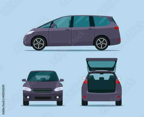 Mini van car set. Side, front and back view. Vector flat style illustration.